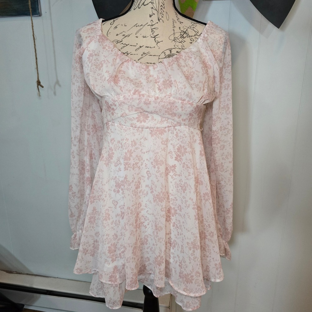 Thirty Thirty Pink Floral Long Sleeve Mini Dress Sweetheart Tie Back Size L